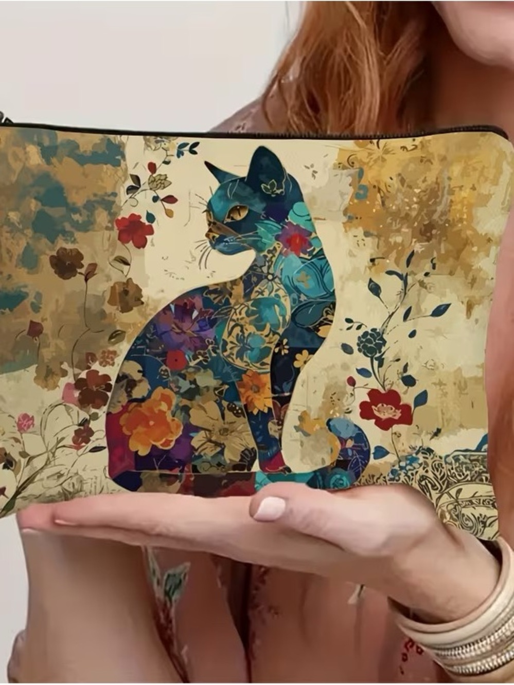 Floral Cat Makeup Bag Cosmetic Pouch Zipper Organizer Travel Toiletry 8.6in